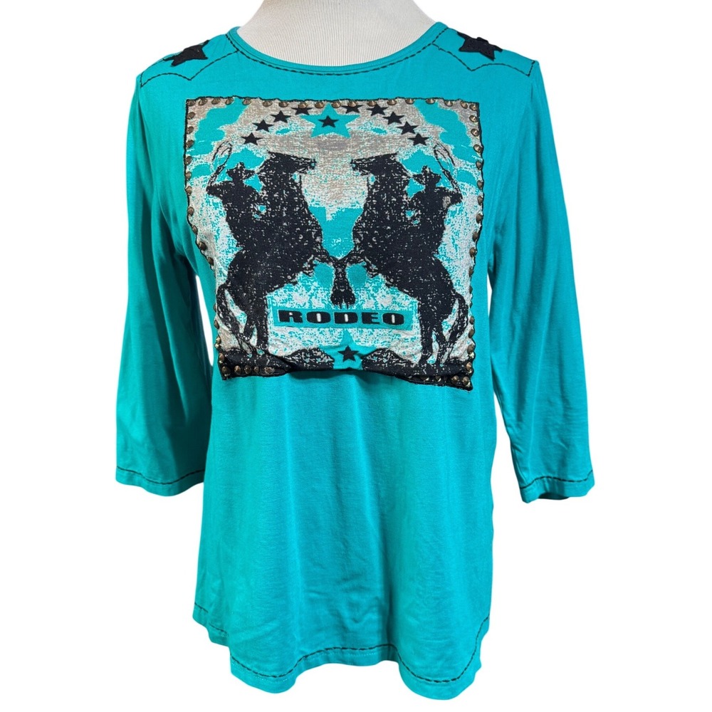 Tunique Rodeo Graphic Top Womens Large Studded Star Teal Blue 3/4 Sleeve Boho